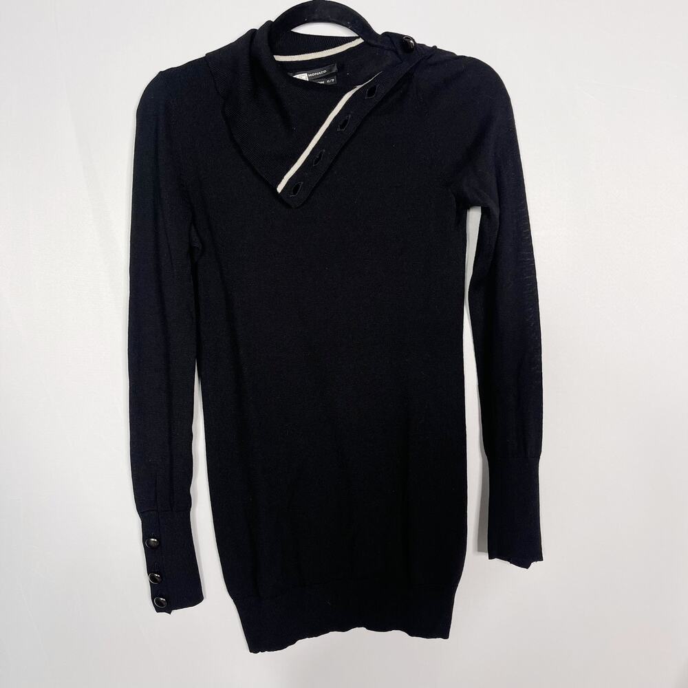 Club Monaco Womens XS Black Wool Split Collar Turtleneck Sweater Button Cuffs